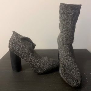 Aldo: Pointed Toe Heeled Knit Sock Bootie (Silver)